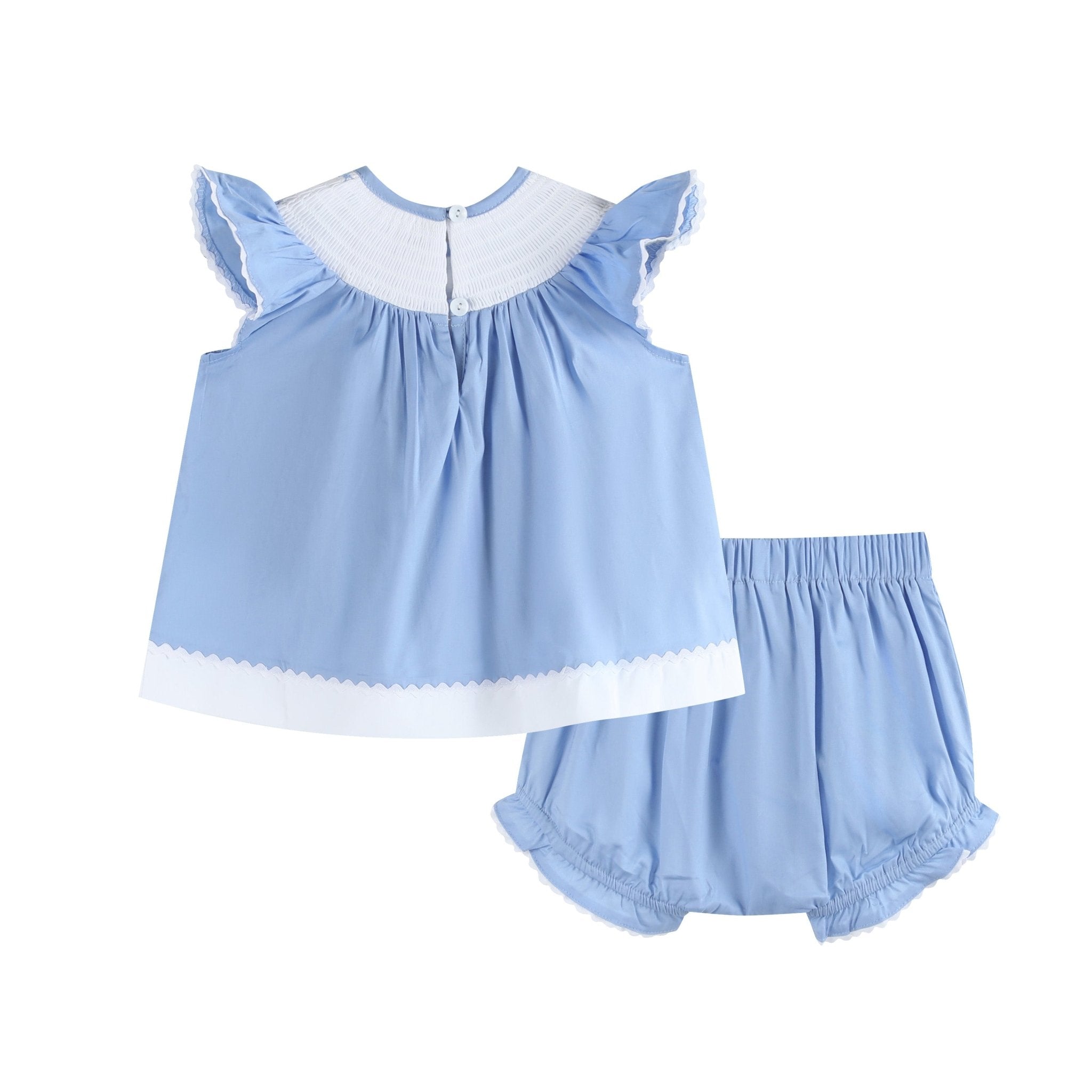 Periwinkle Blue Crosses Smocked Dress And Bloomers Set