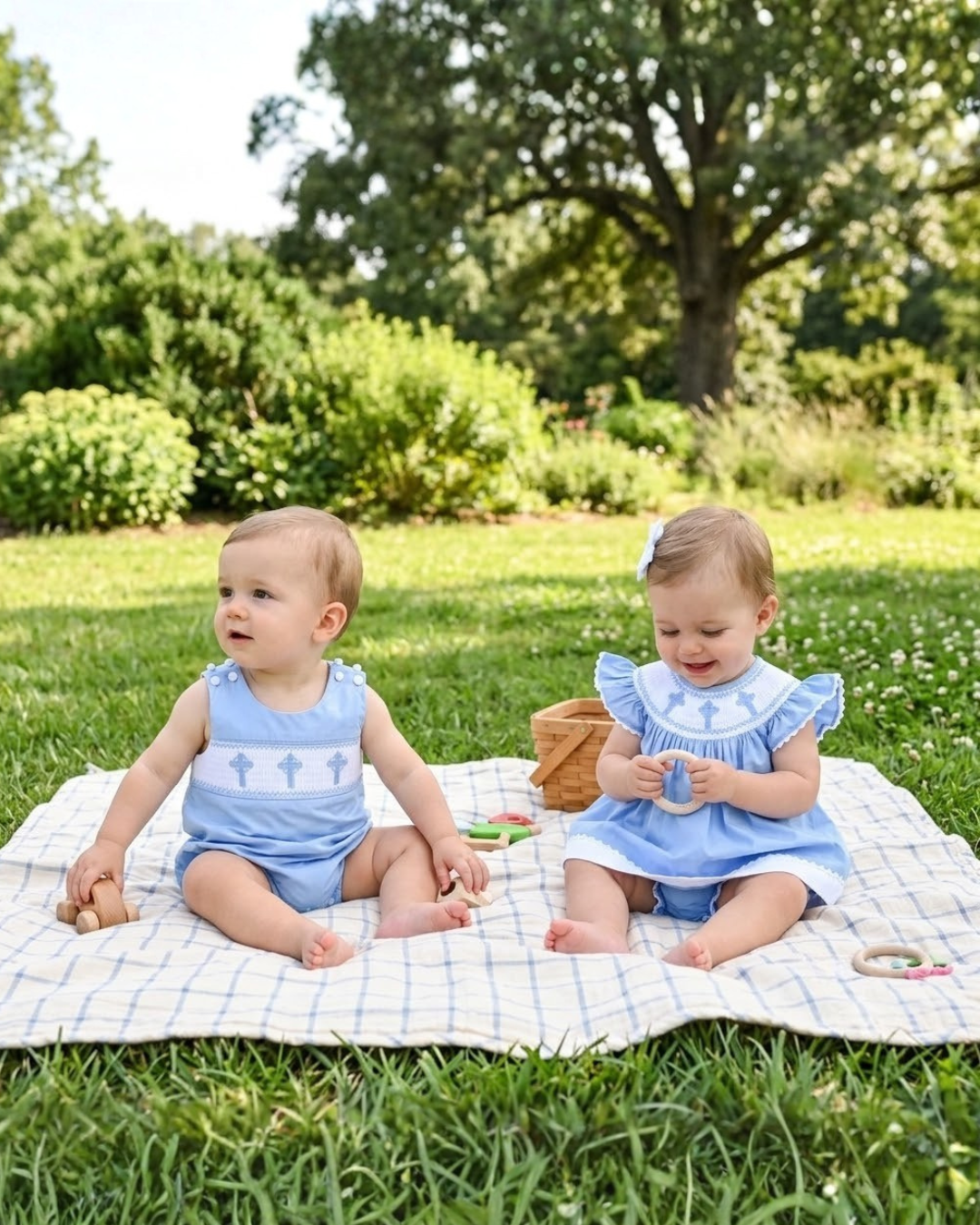 Periwinkle Blue Crosses Smocked Shortalls