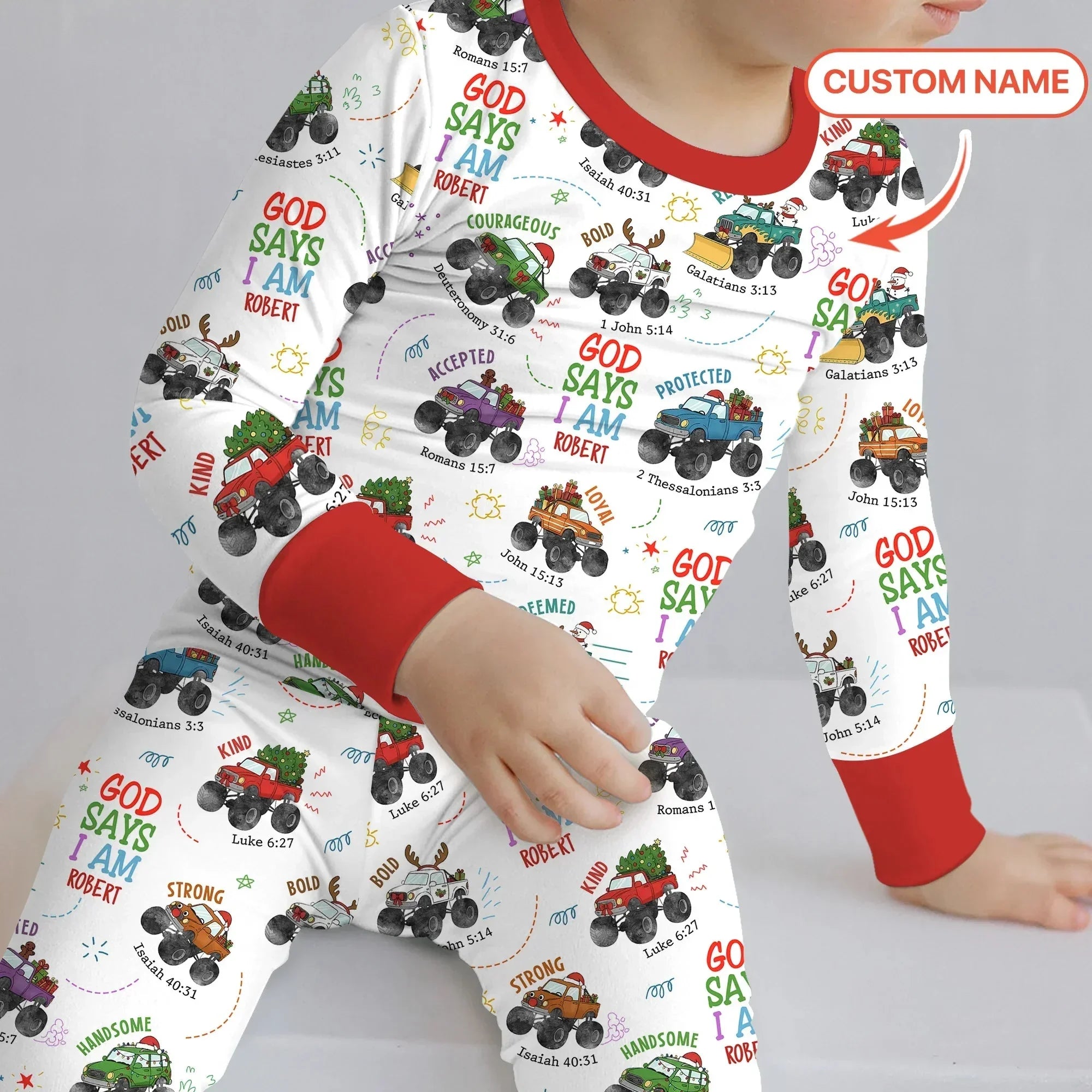 Personalized God Says I Am Christmas Monster Truck Bamboo Two Piece Long Sleeve Pajama Set