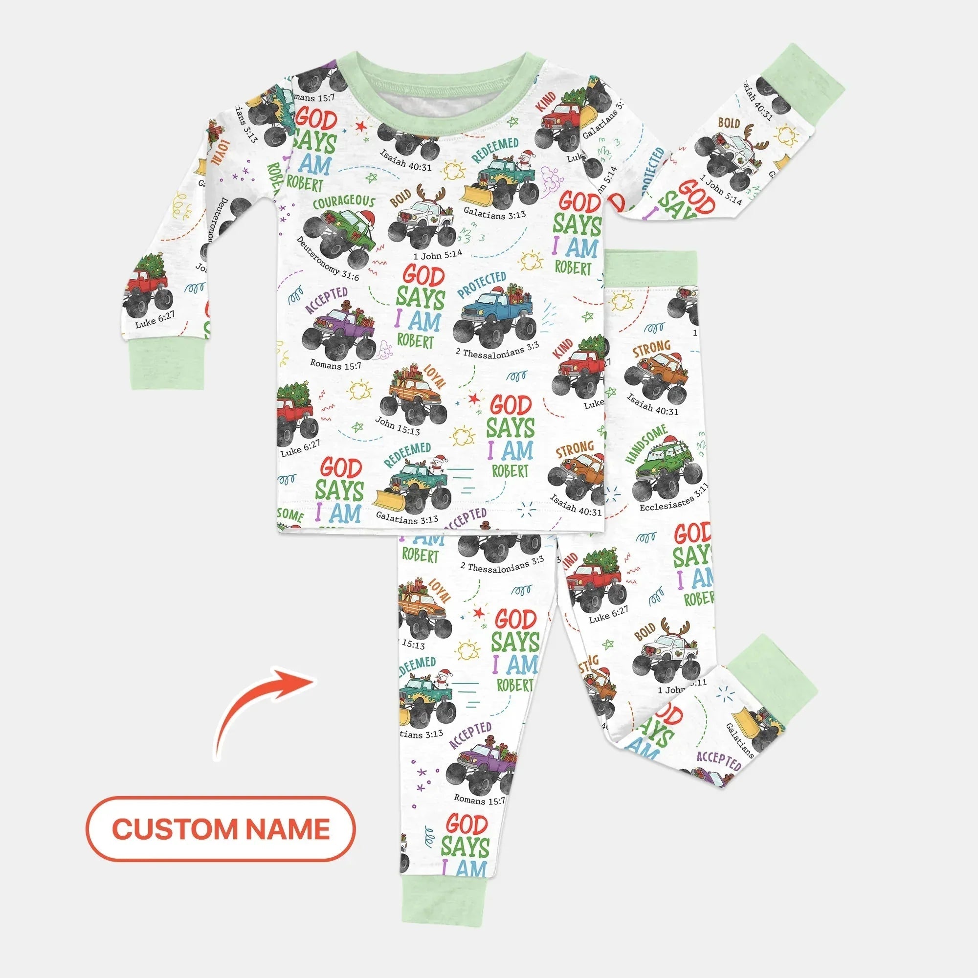 Personalized God Says I Am Christmas Monster Truck Bamboo Two Piece Long Sleeve Pajama Set