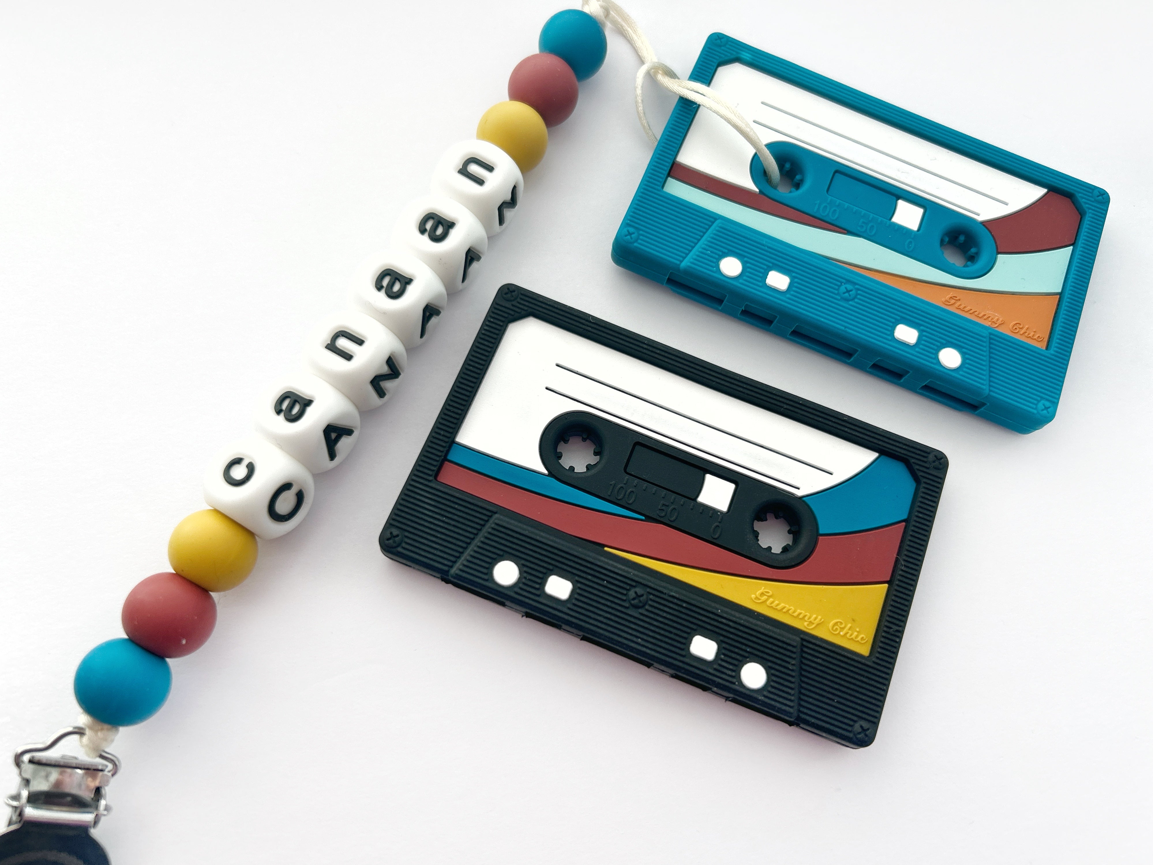 Personalized Cassette Tape Teether - Limited Edition Baby Pacifier Clip & Teether Leash