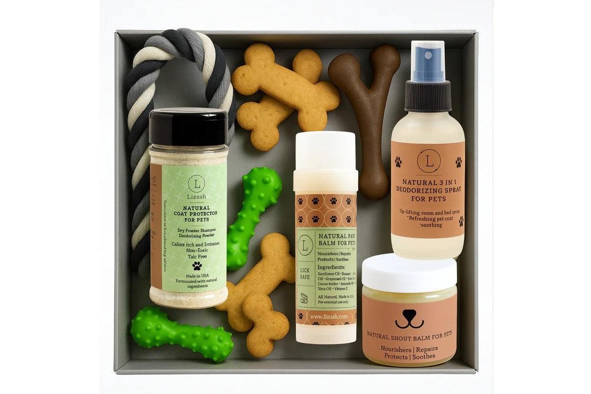 Pet Pampering Gift Box -all-natural Pet Wellness Kit – Soothing Balms & Herbal Coat Powder