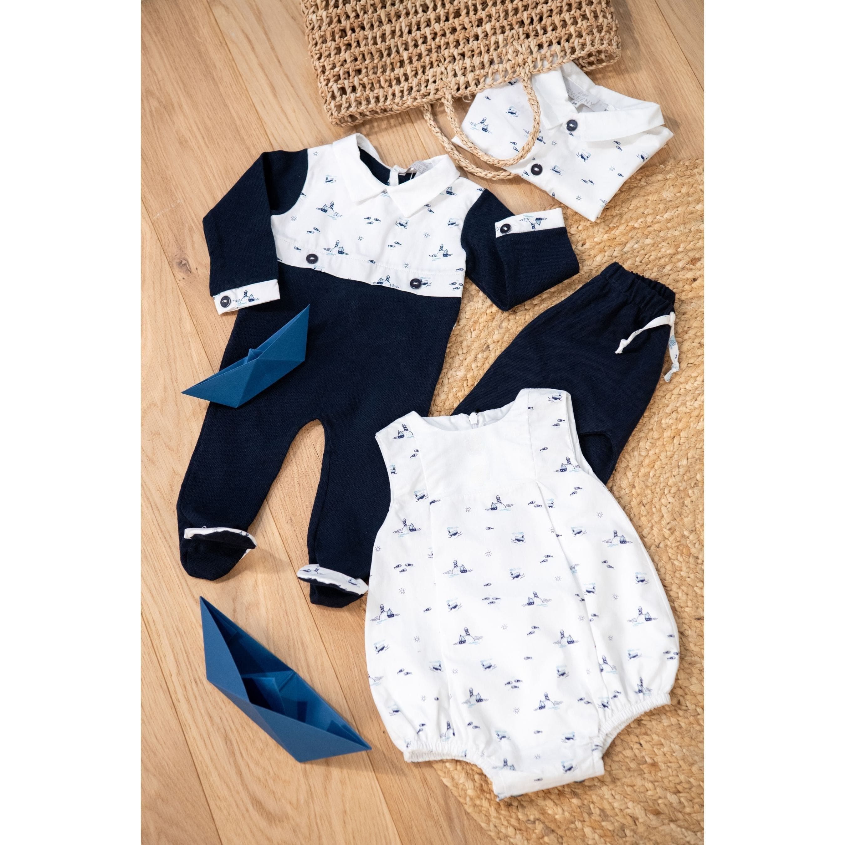 Petit Marcel | Boys White & Navy Blue Cotton Shorts Set