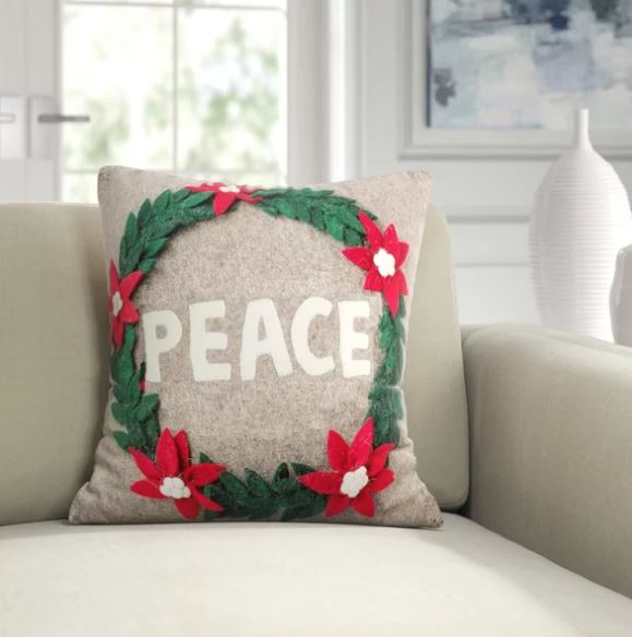 Hand Felted Wool Christmas Pillow - Peace Wreath Natural Gray - 20"