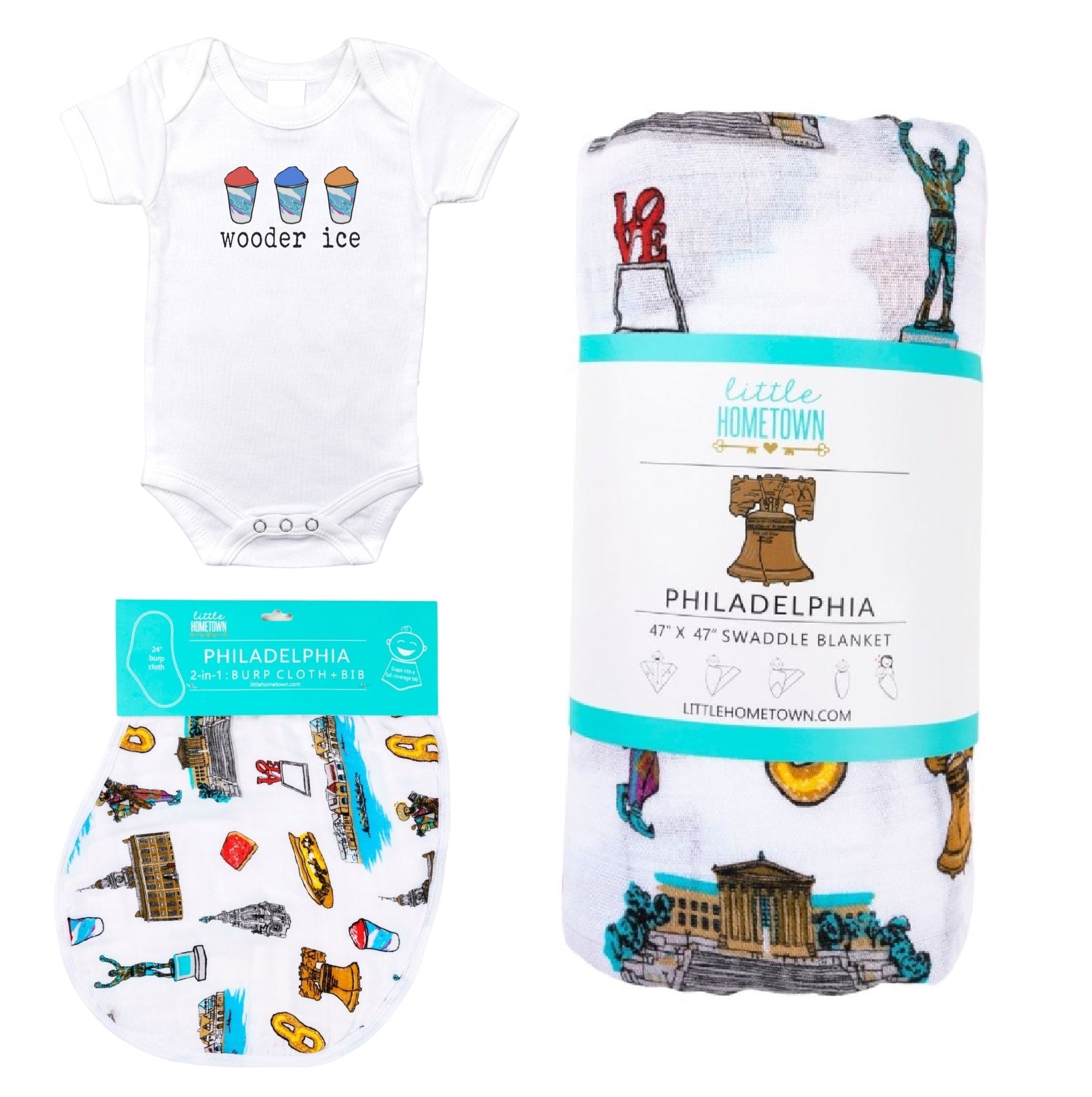 Philadelphia Newborn Gift Bundle: Swaddle, Bib & Onesie