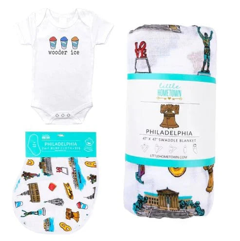 Philadelphia Newborn Gift Bundle: Swaddle, Bib & Onesie