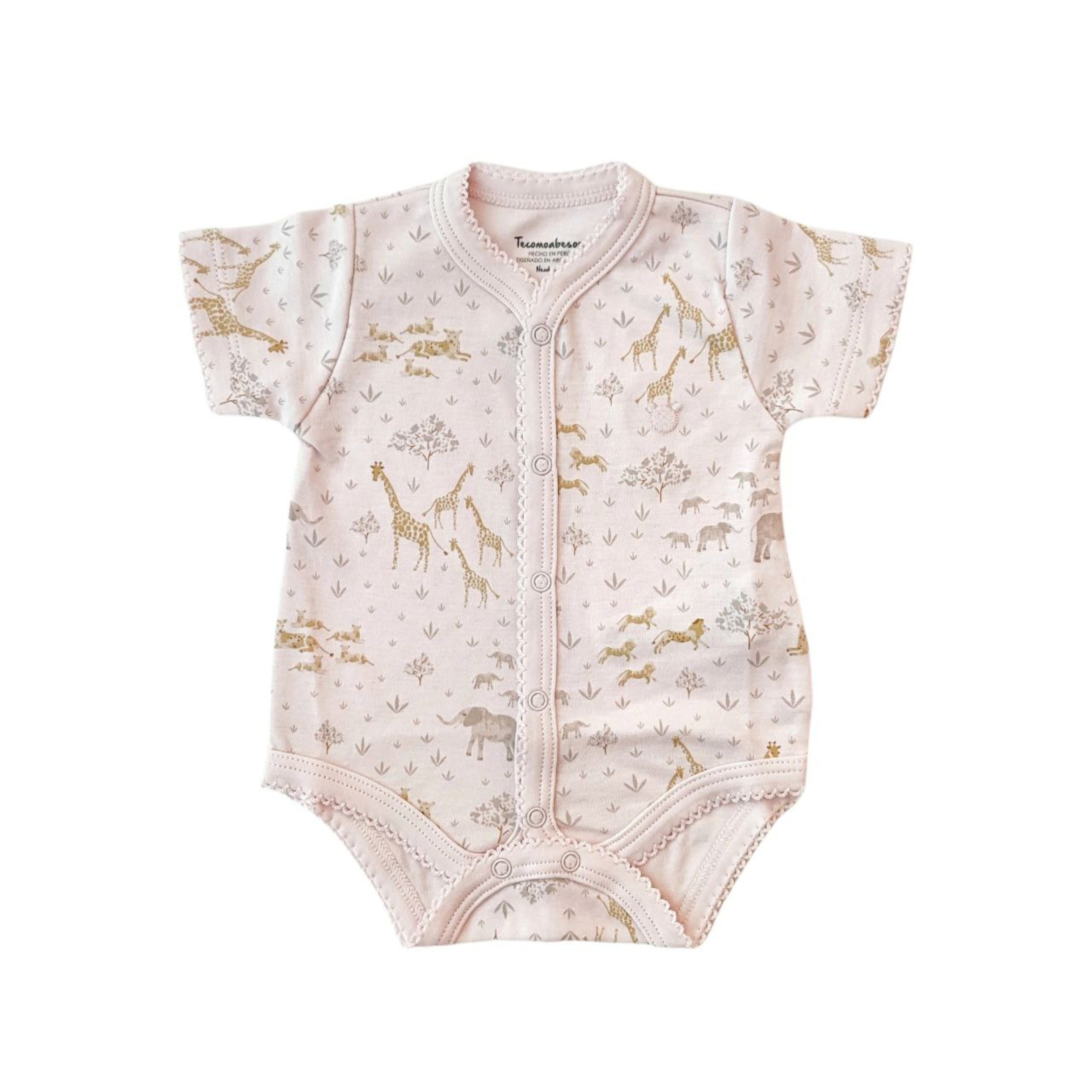 Safari Full Short Sleeve Snap Bodysuit, Pink