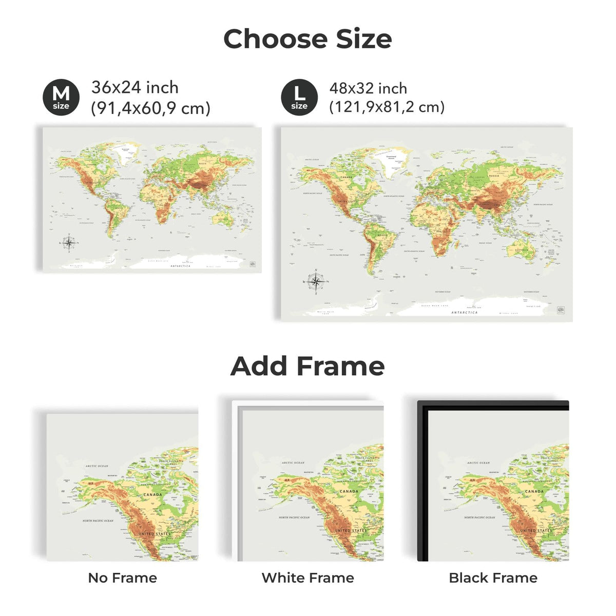 World Map On Canvas - Physical