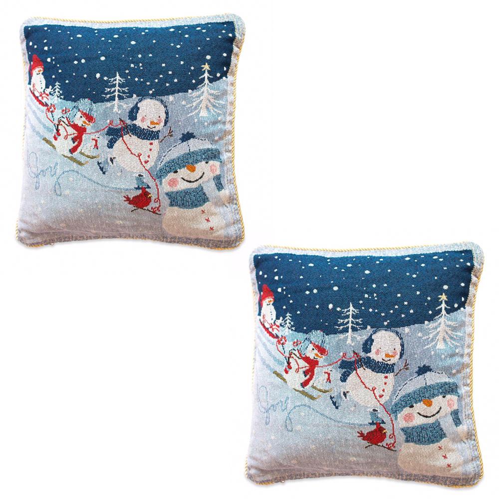 Set Of 2 Snowmen Enjoying Winter Sport Parade Christmas Throw Cushion Pillow Covers