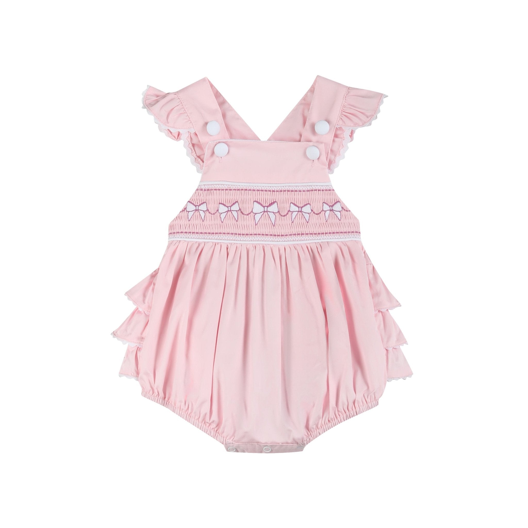 Pink And White Bows Smocked Ruffle Romper