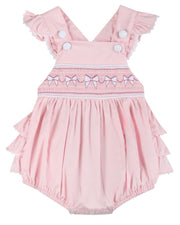 Pink And White Bows Smocked Ruffle Romper