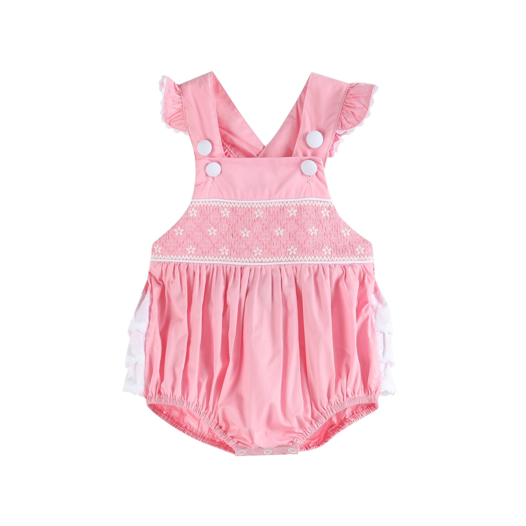 Pink And White Flower Smocked Ruffle Romper