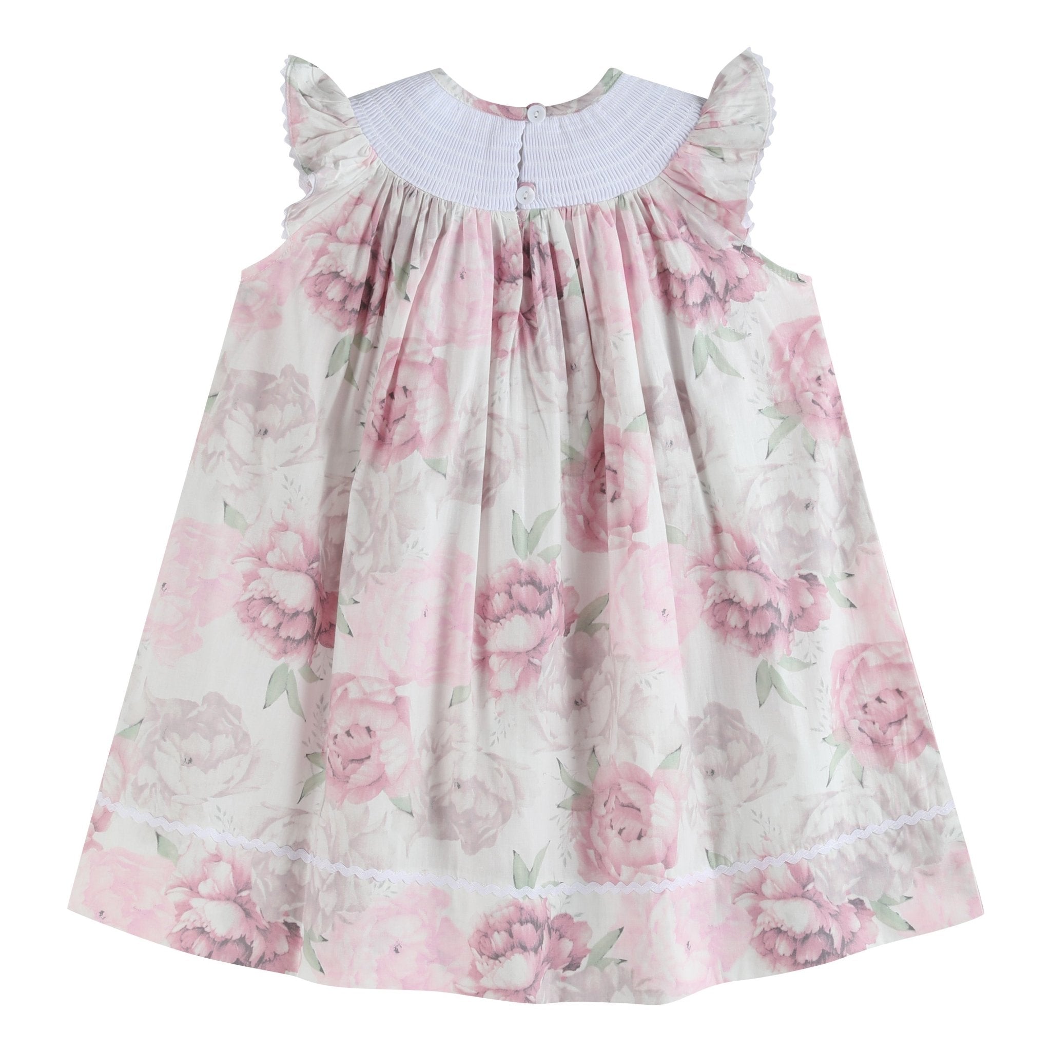 Pink And White Peony Bunny Smocked Bishop Dress