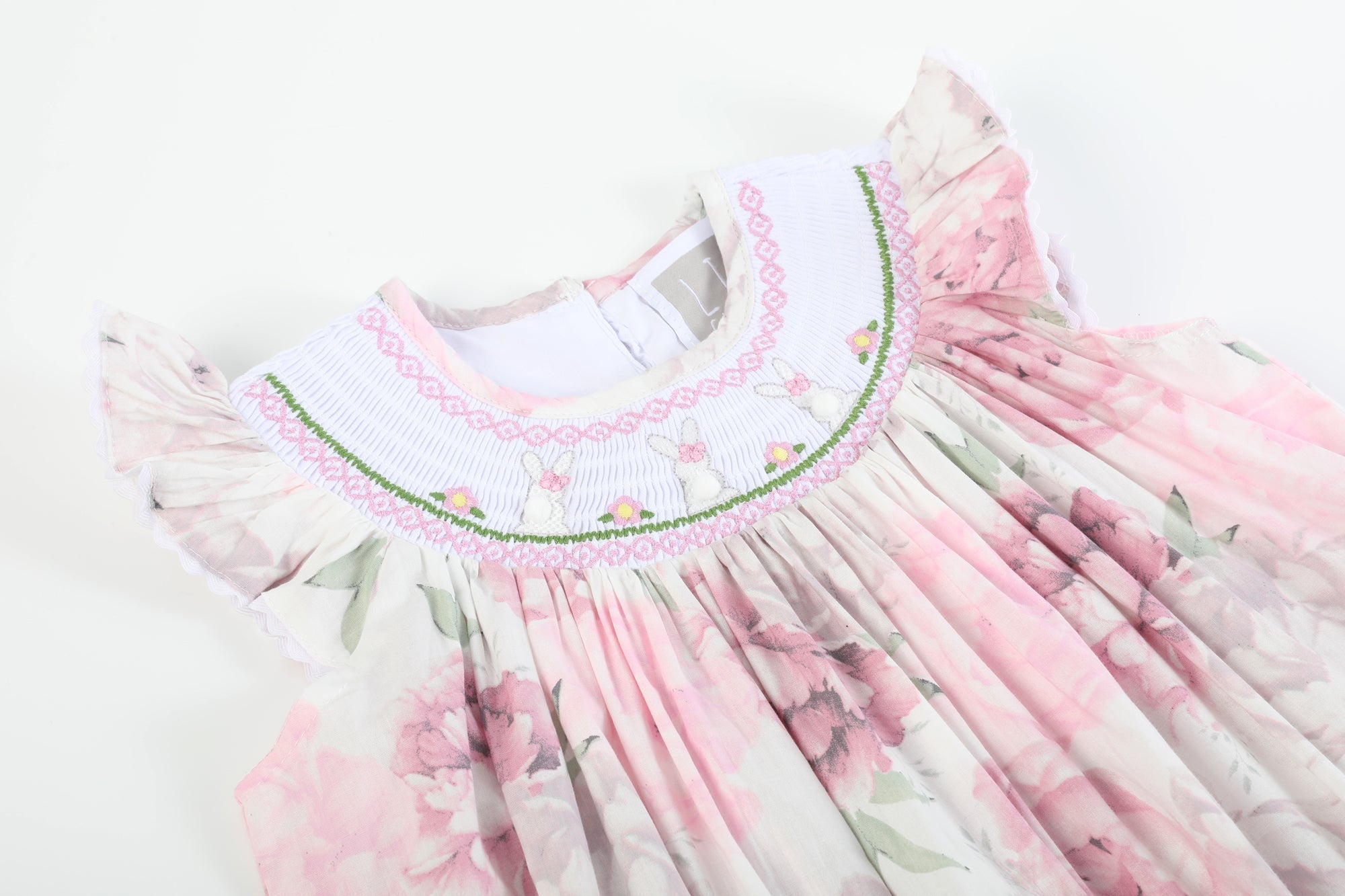 Pink And White Peony Bunny Smocked Bishop Dress