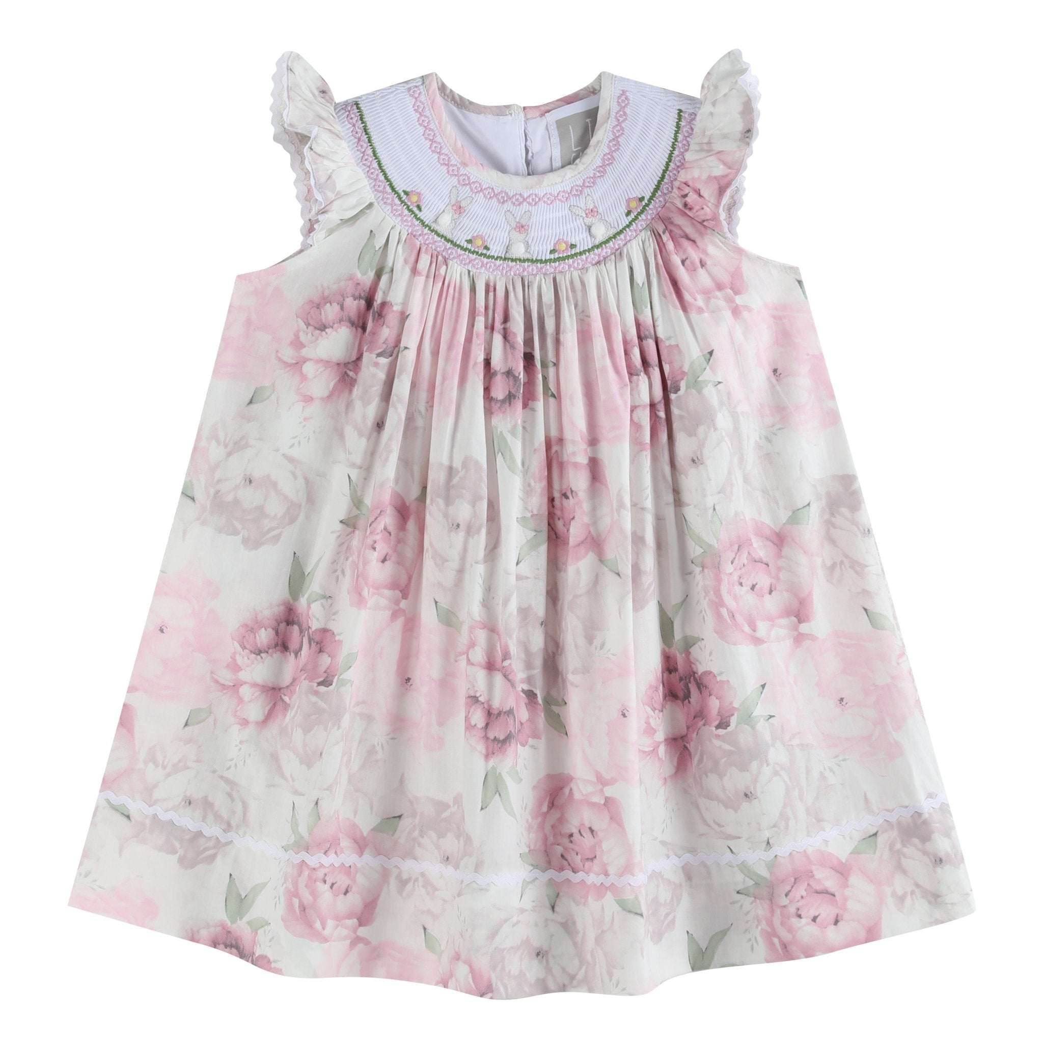Pink And White Peony Bunny Smocked Bishop Dress