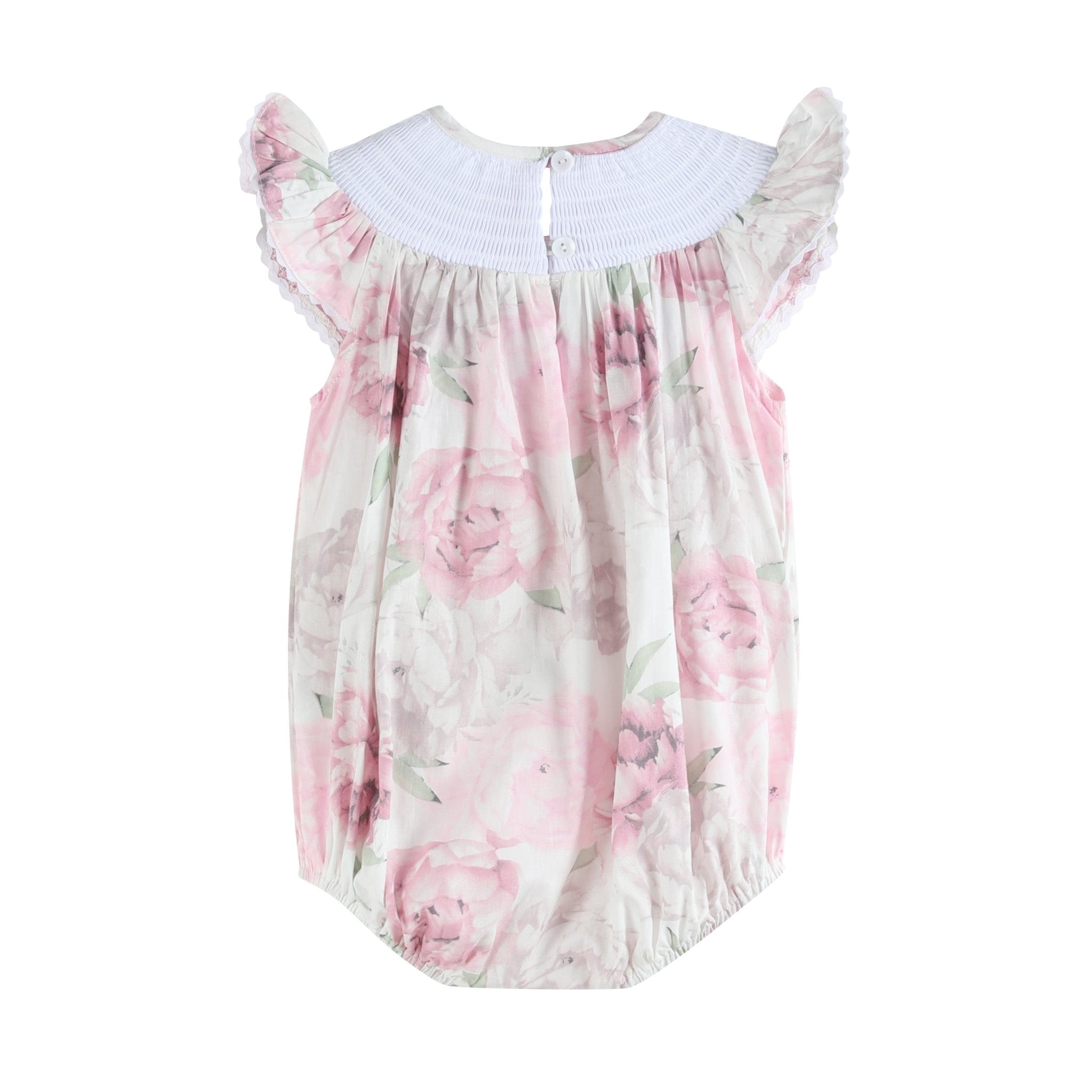 Pink And White Peony Bunny Smocked Flutter Romper