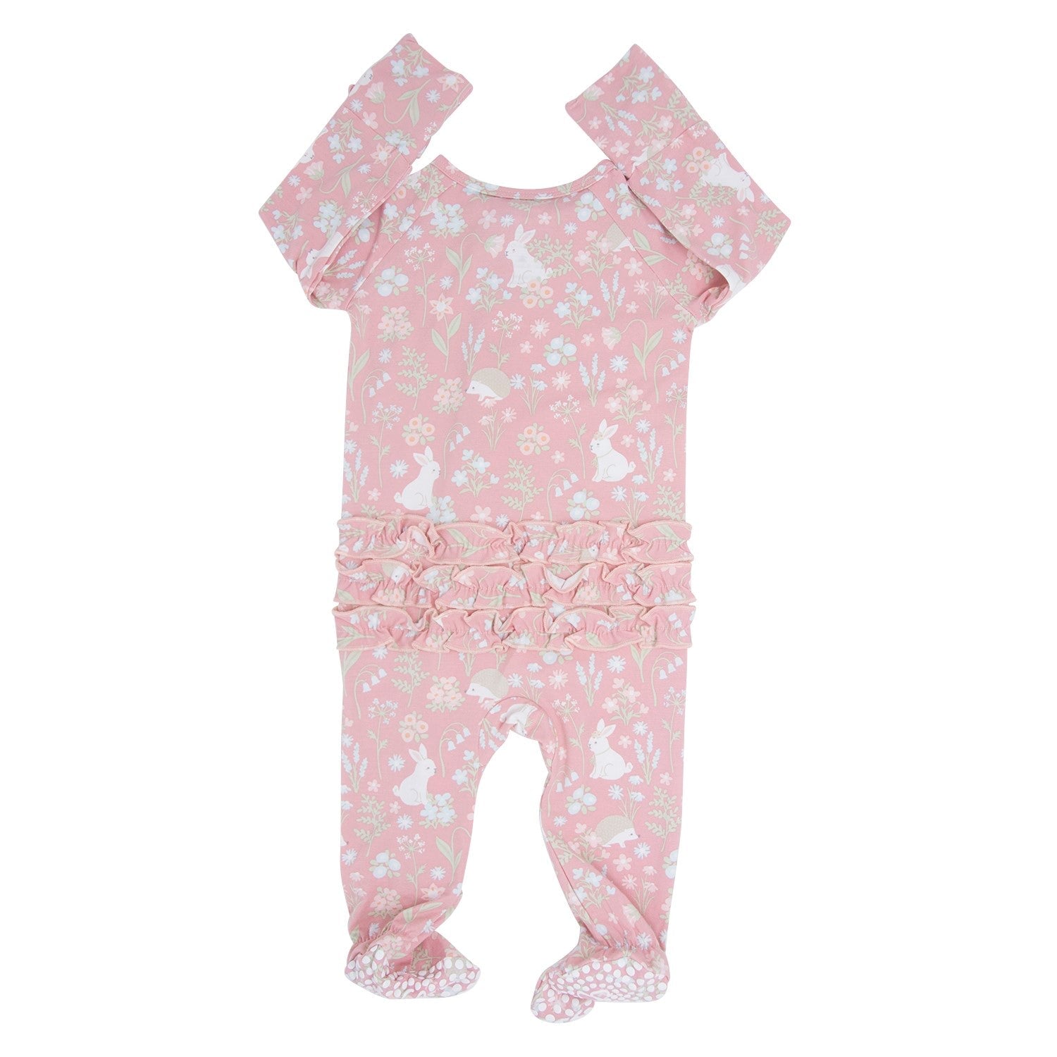 Pink Bunny Floral Baby Ruffle Footie