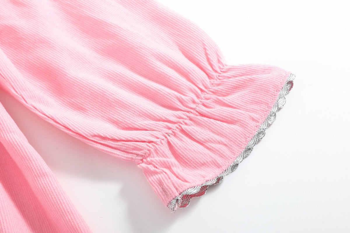 Pink Corduroy Ruffle Dress With Silver Bows