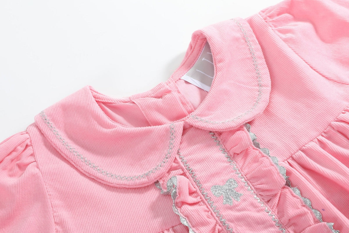 Pink Corduroy Ruffle Dress With Silver Bows