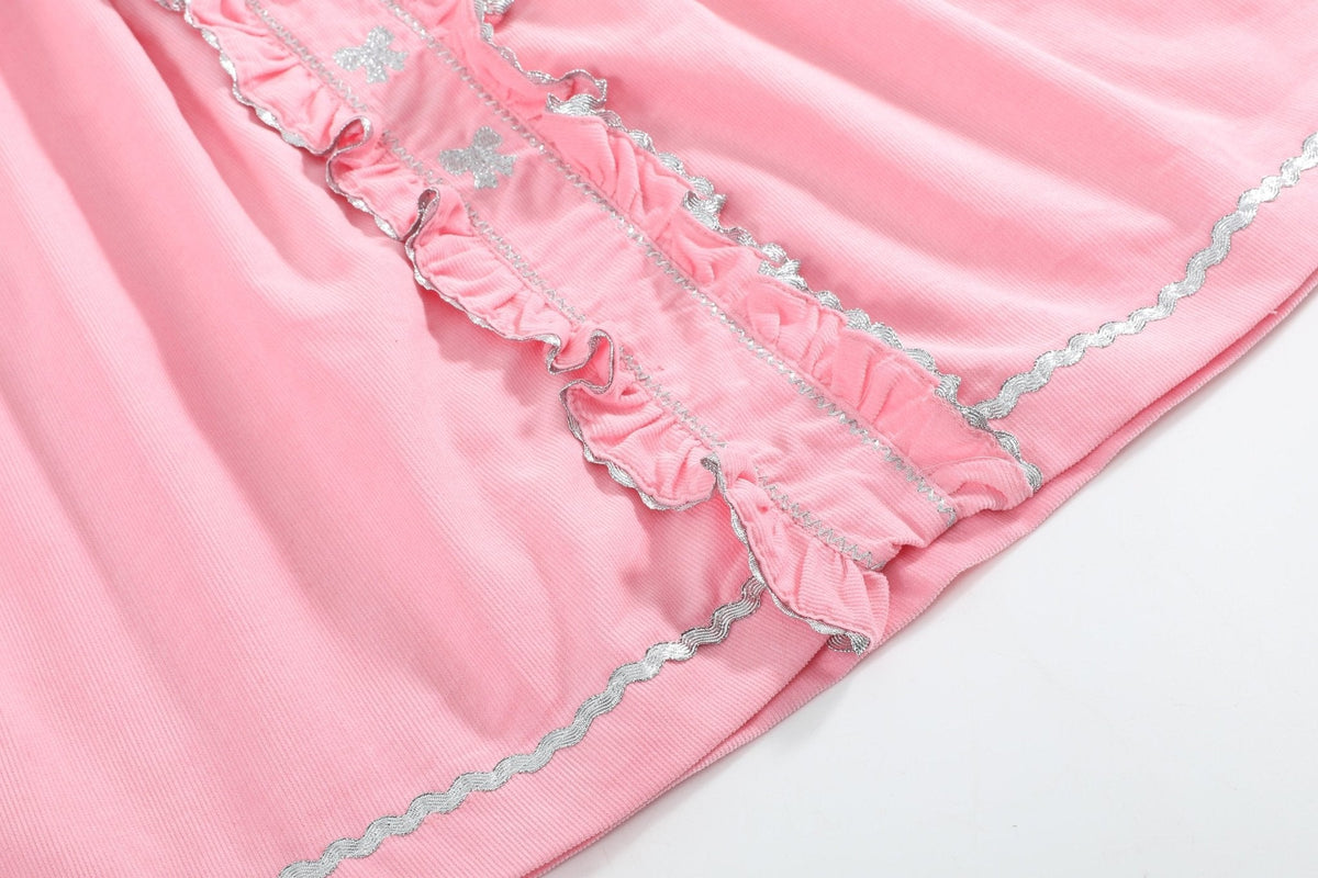Pink Corduroy Ruffle Dress With Silver Bows