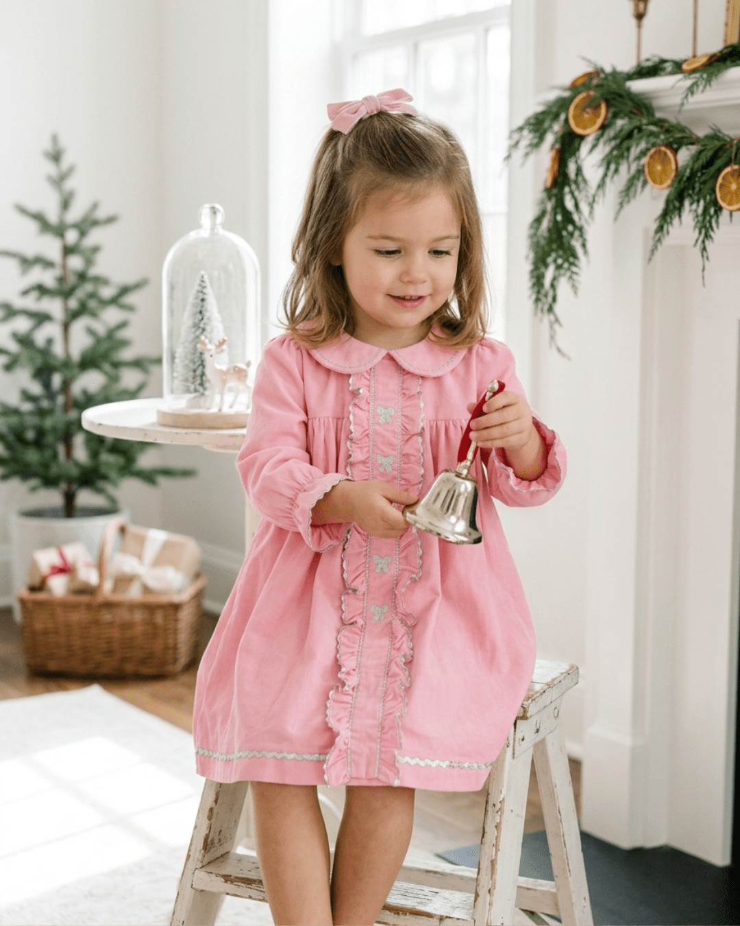 Pink Corduroy Ruffle Dress With Silver Bows