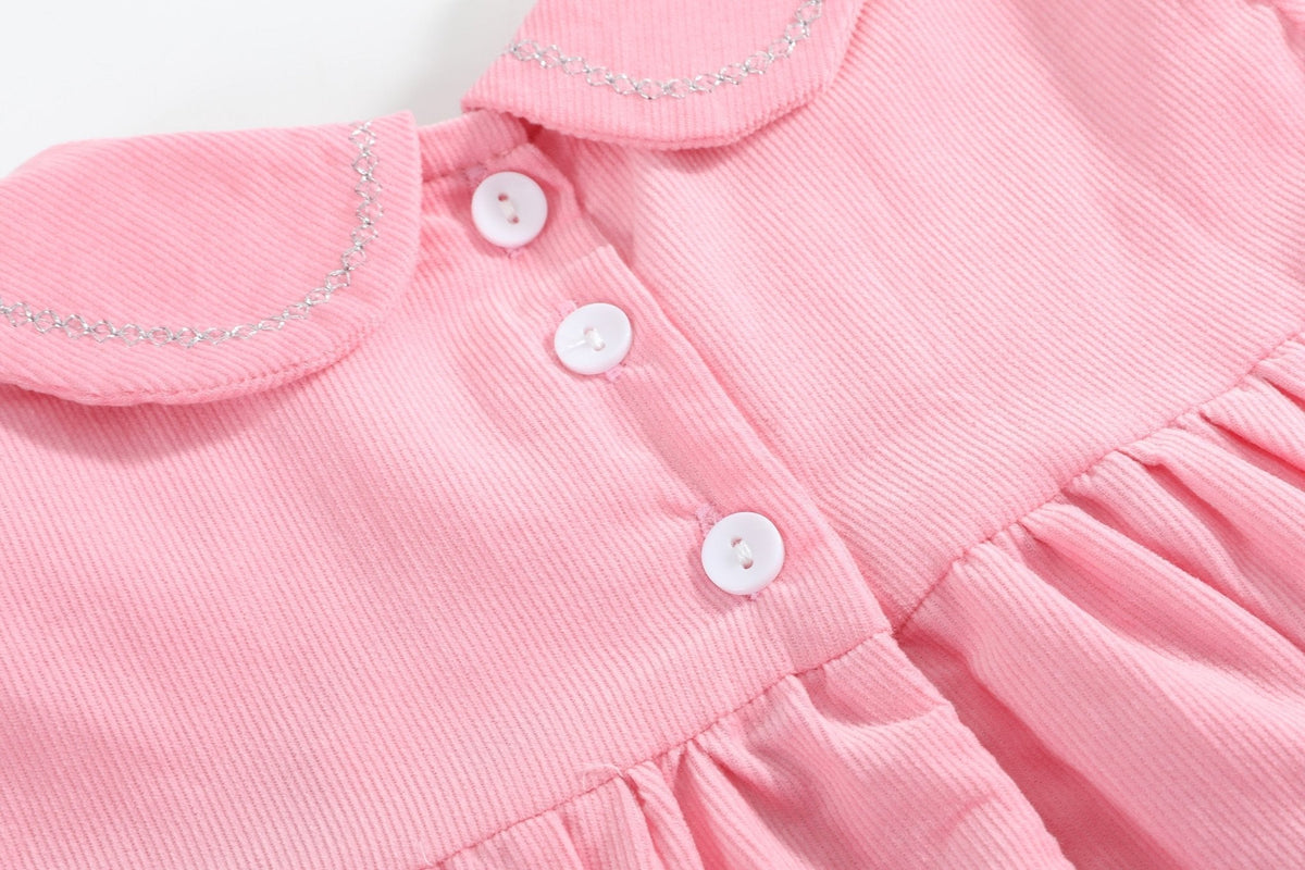 Pink Corduroy Ruffle Dress With Silver Bows
