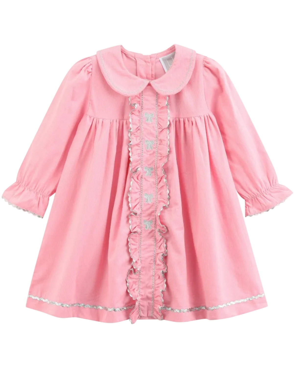 Pink Corduroy Ruffle Dress With Silver Bows