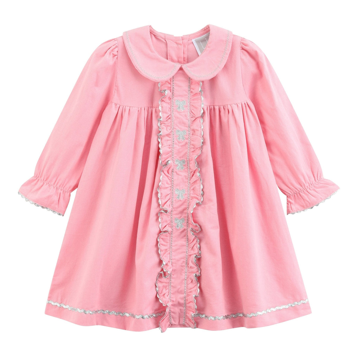 Pink Corduroy Ruffle Dress With Silver Bows
