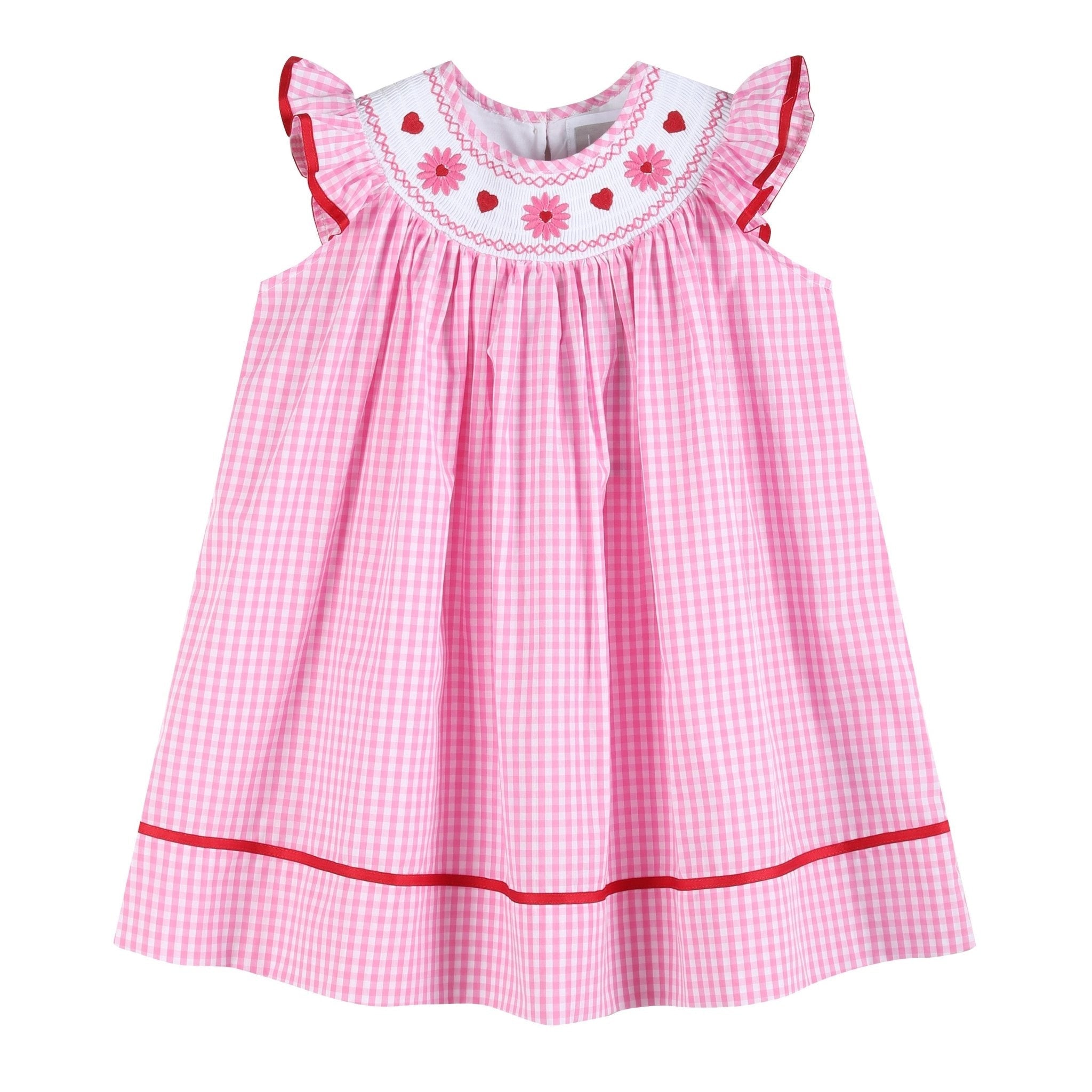 Pink Gingham Daisy And Hearts Smocked Bishop Dress