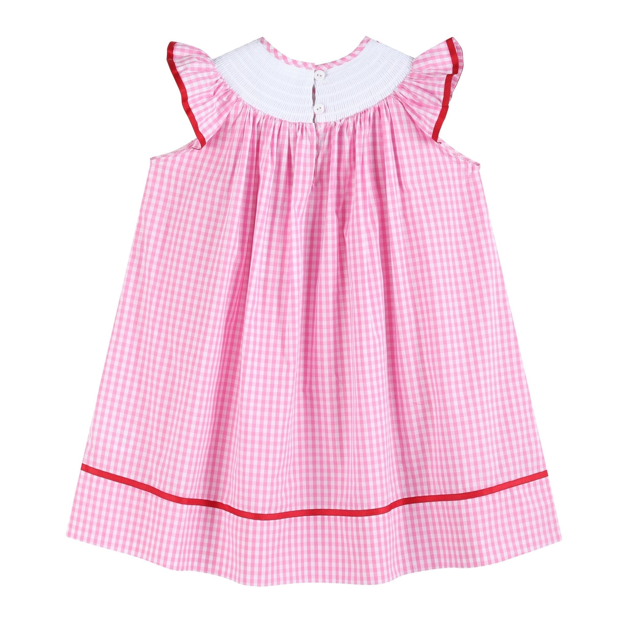 Pink Gingham Daisy And Hearts Smocked Bishop Dress