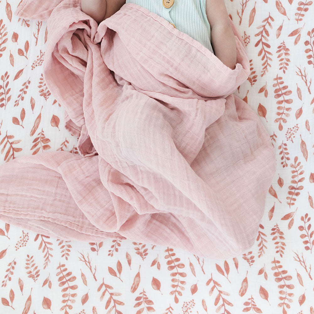 Muslin Swaddle Blanket Set Premium Cotton Pink Leaves + Cotton Candy