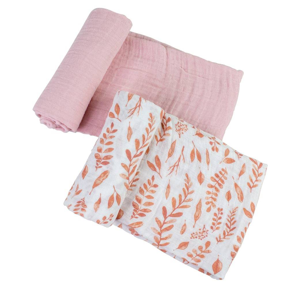 Muslin Swaddle Blanket Set Premium Cotton Pink Leaves + Cotton Candy