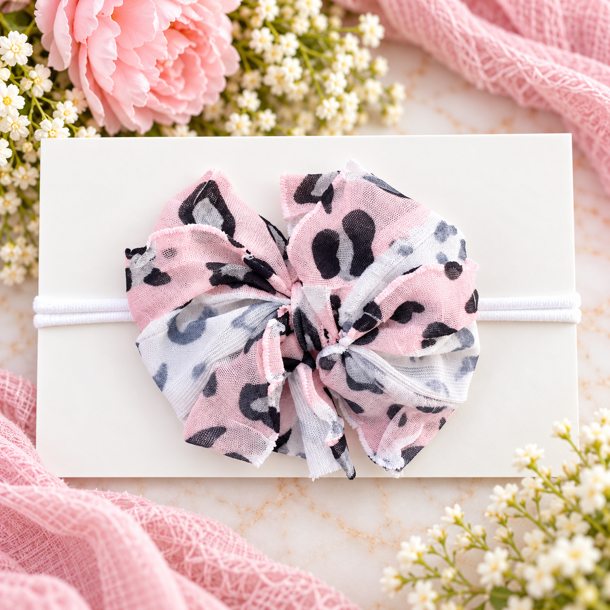 Pink Leopard | Skinny Mini Nylon Ruffled Baby Headband
