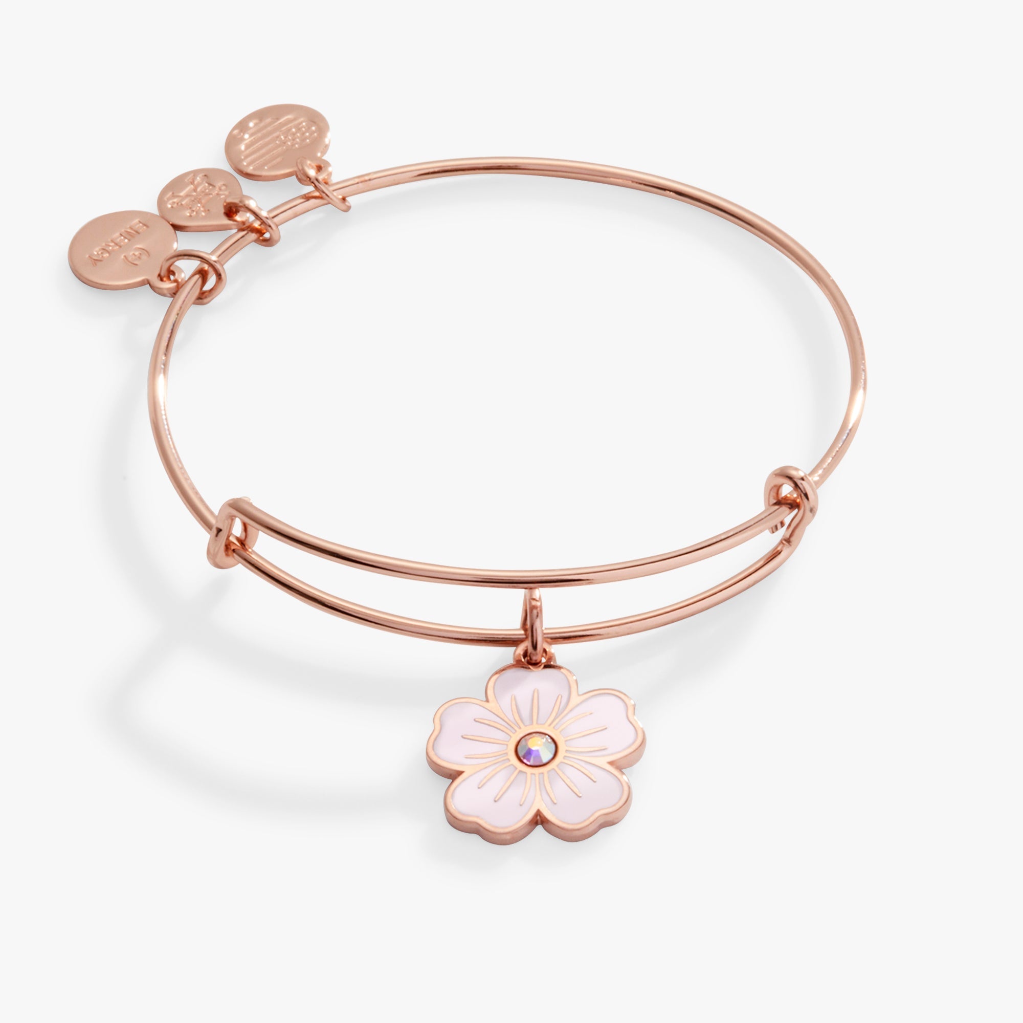 Pink Pansy And Crystal Charm Bangle Bracelet