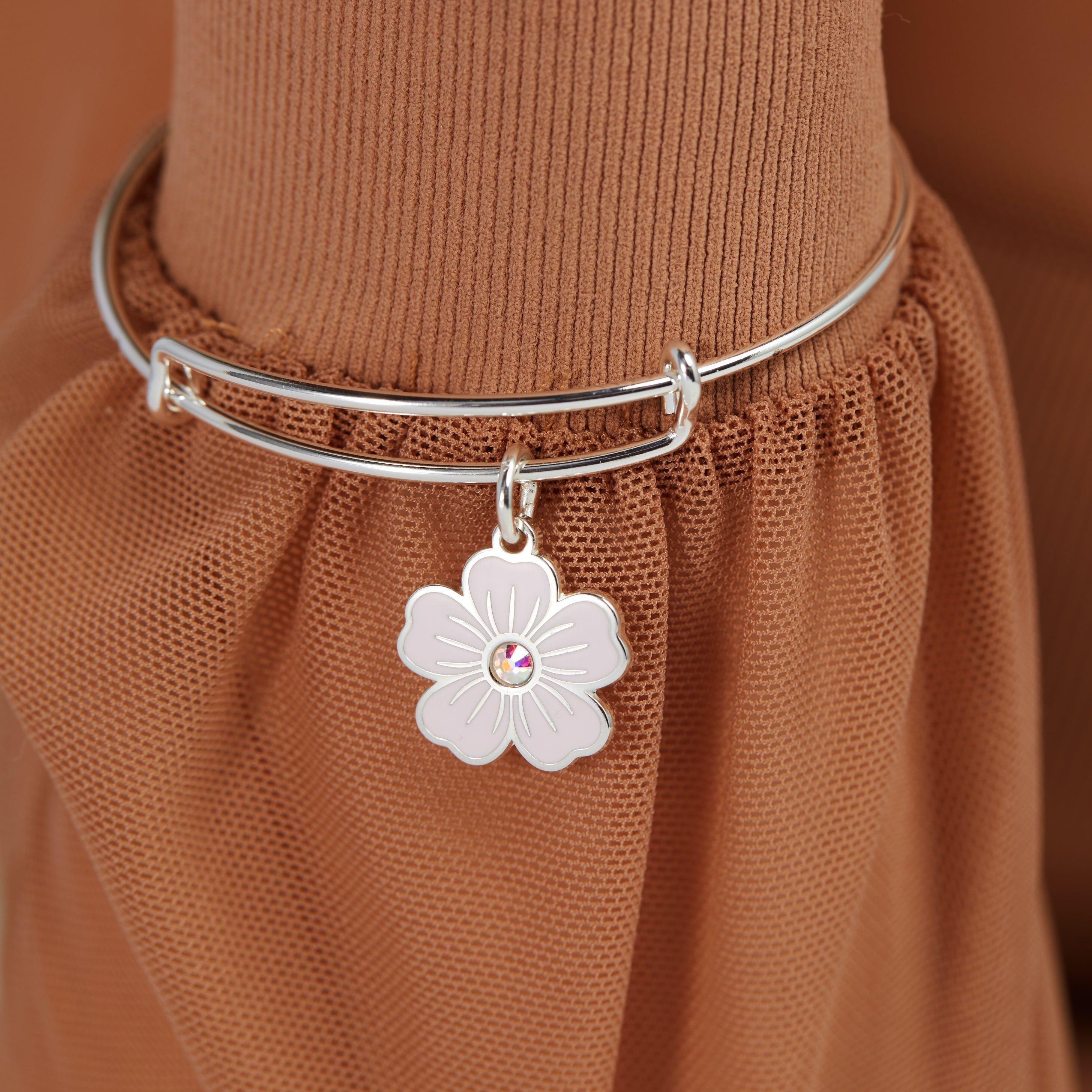 Pink Pansy And Crystal Charm Bangle Bracelet