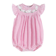 Pink Seersucker Running Bunnies Smocked Flutter Bubble Romper