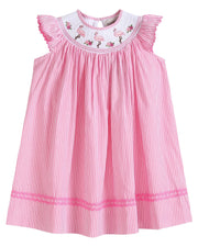 Pink Striped Flamingo Smocked Bishop Dress