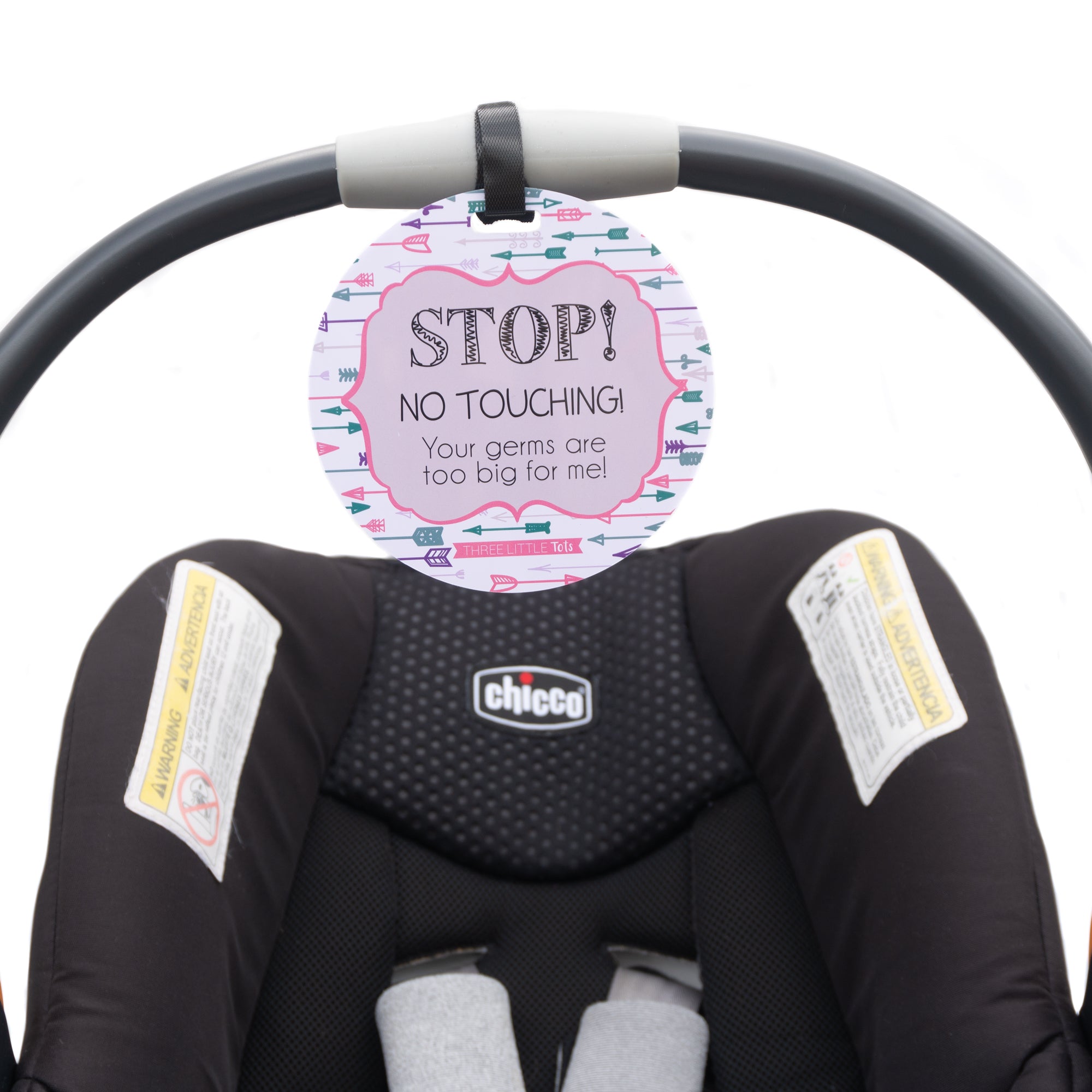 Girl Arrows Stop No Touching Newborn Baby Car Seat Sign Tag