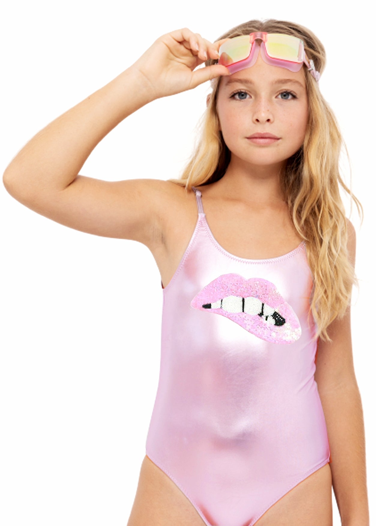 Metallic Pink Swimsuit With Sequin Lip