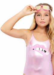 Metallic Pink Swimsuit With Sequin Lip