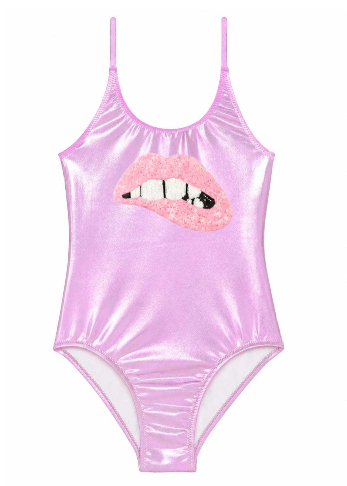 Metallic Pink Swimsuit With Sequin Lip