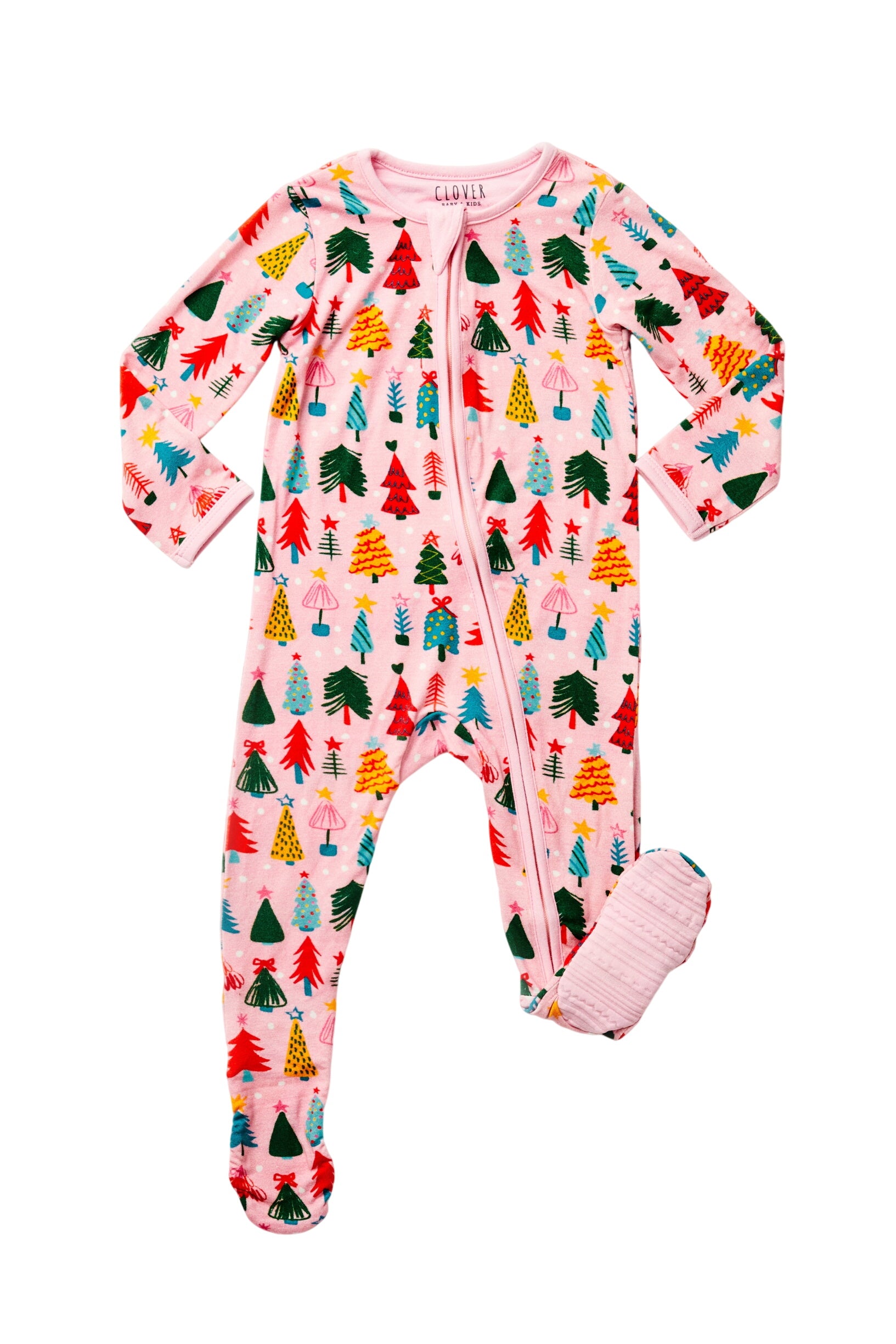 Soft & Stretchy Zipper Footie - Christmas Trees Pink