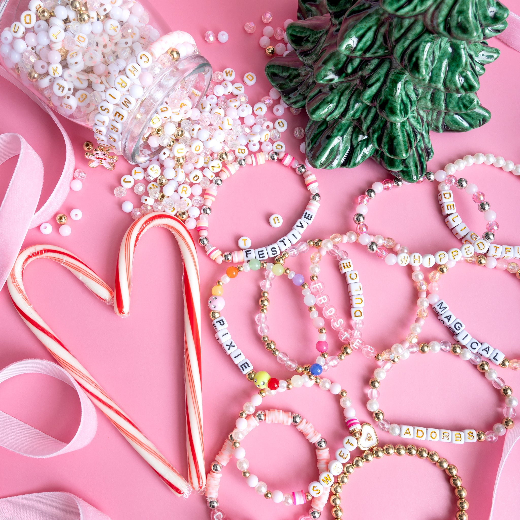 Pearl Bow Merry Christmas Square Alphabet Diy Bead Jar