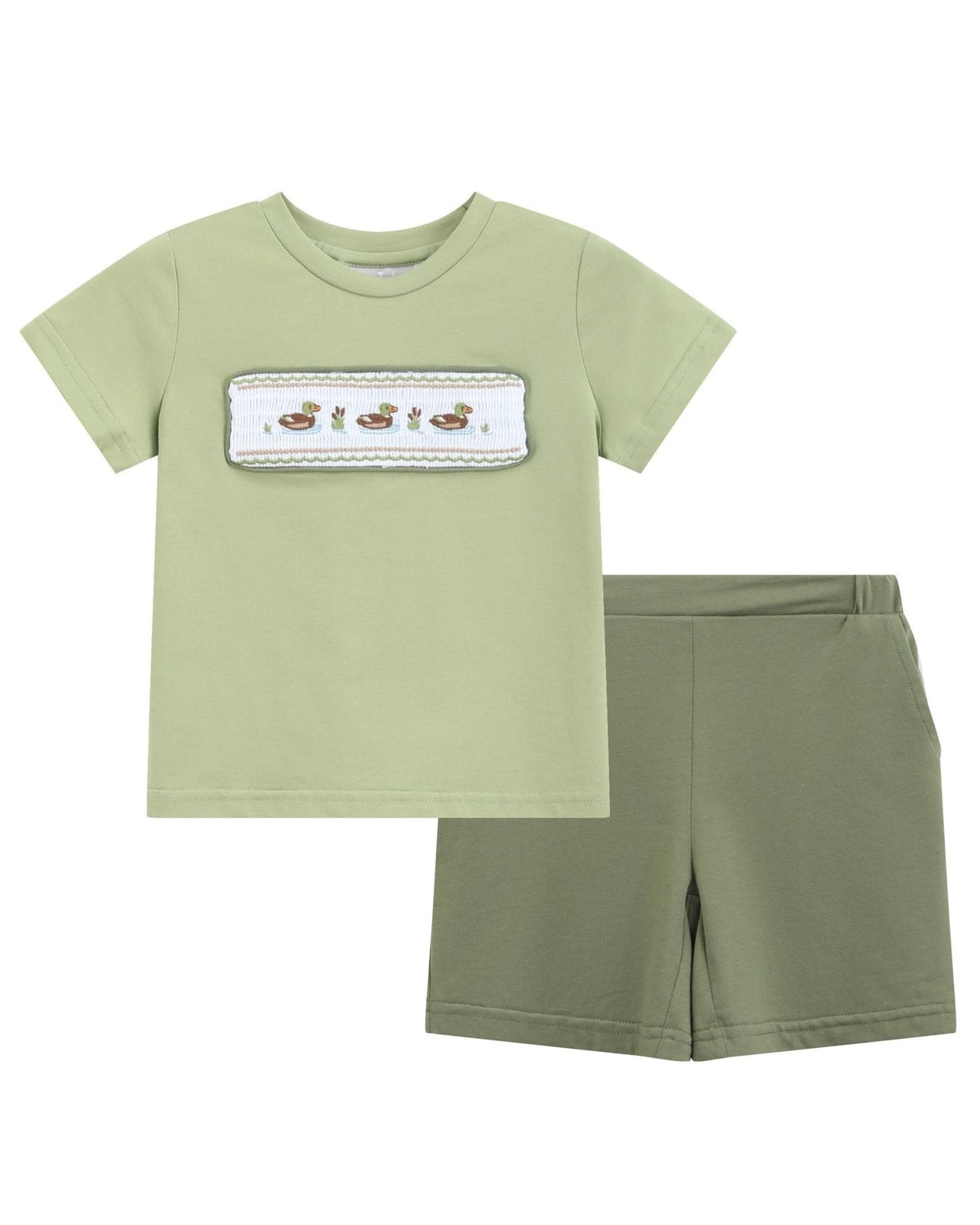 Pistachio Green Mallard Duck Smocked Shirt And Shorts Set
