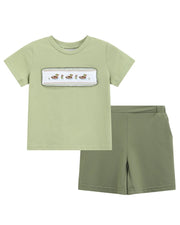 Pistachio Green Mallard Duck Smocked Shirt And Shorts Set