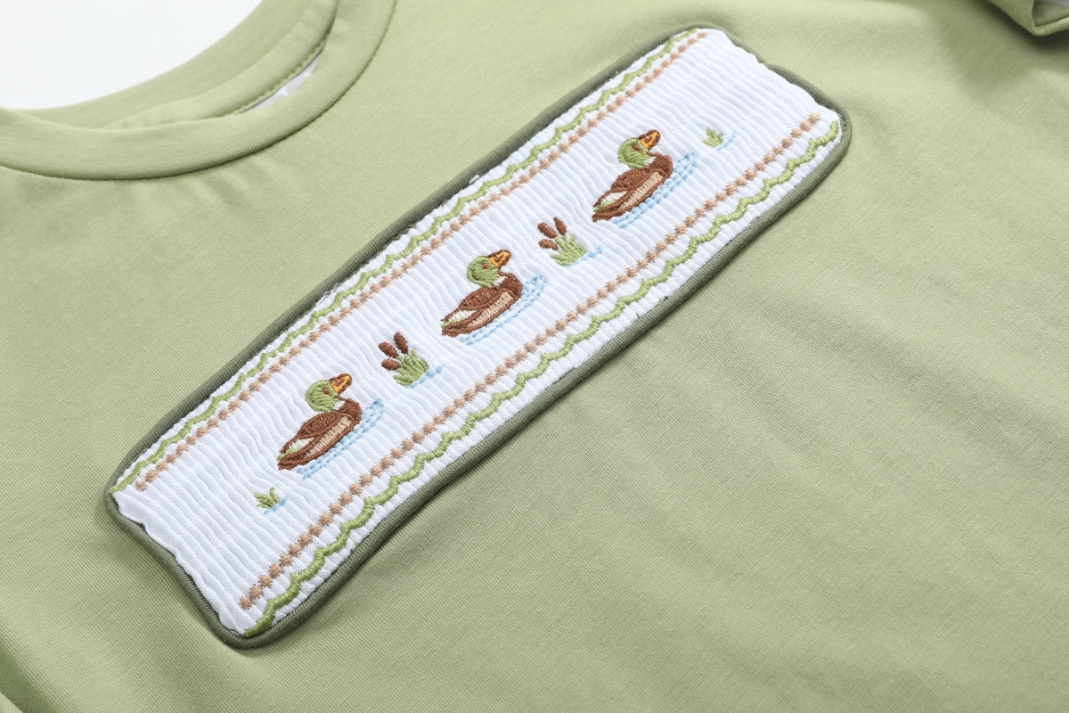 Pistachio Green Mallard Duck Smocked Shirt And Shorts Set