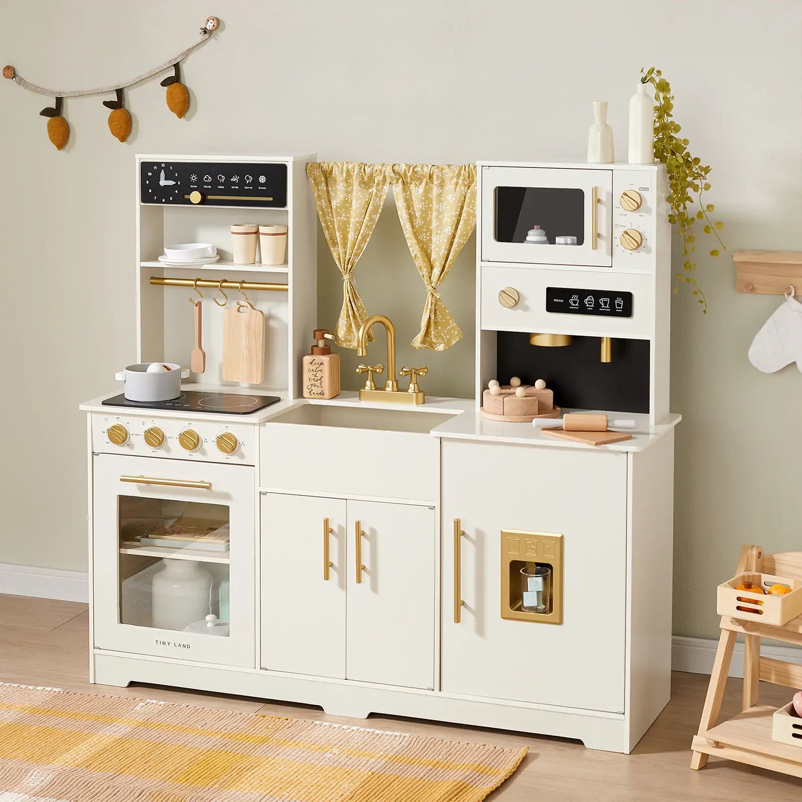 Tiny Land® Iconic Wooden Play Kitchen – Cream Pretend Cooking Set For Kids