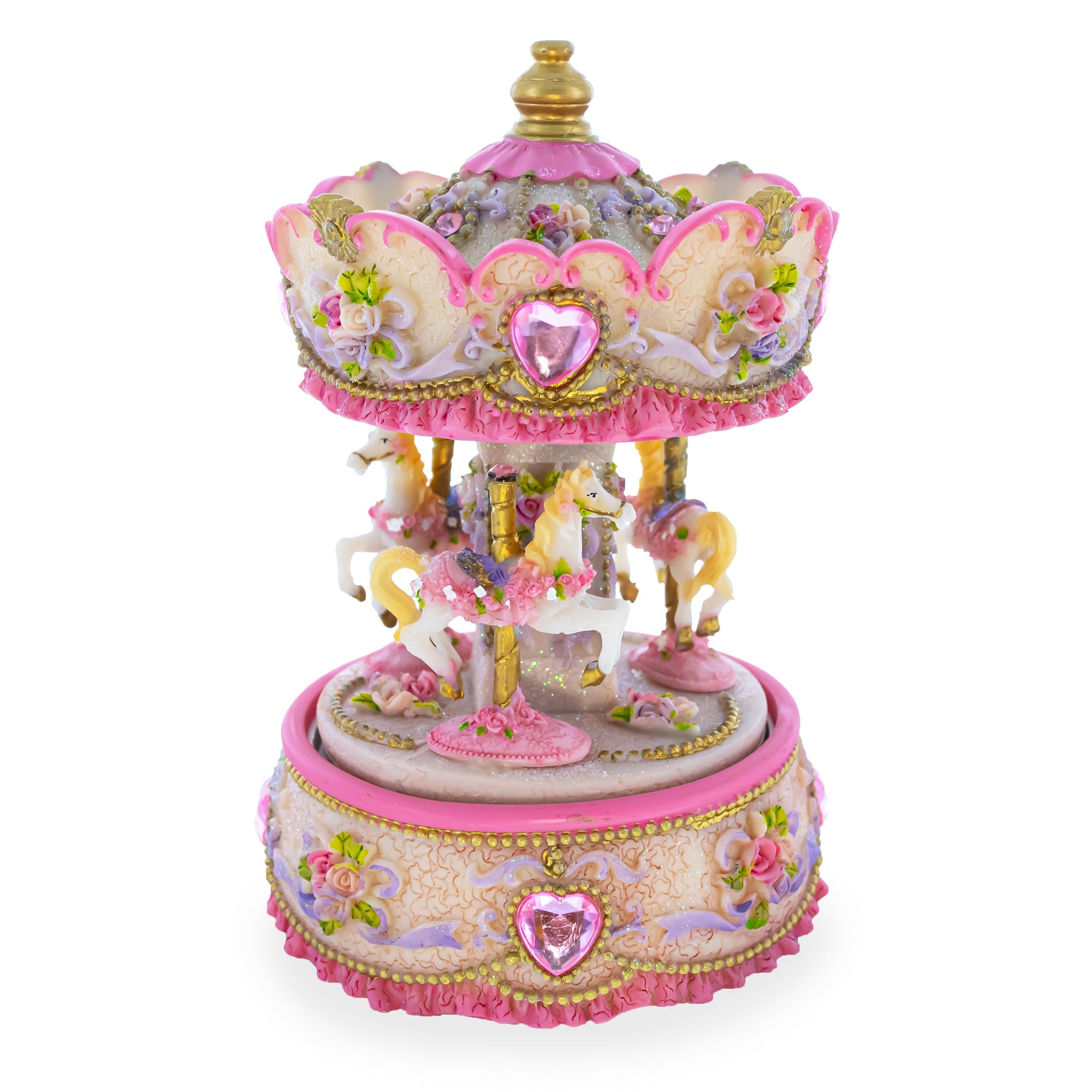 Floral Carousel Harmony: Spinning Musical Figurine With Three Horses