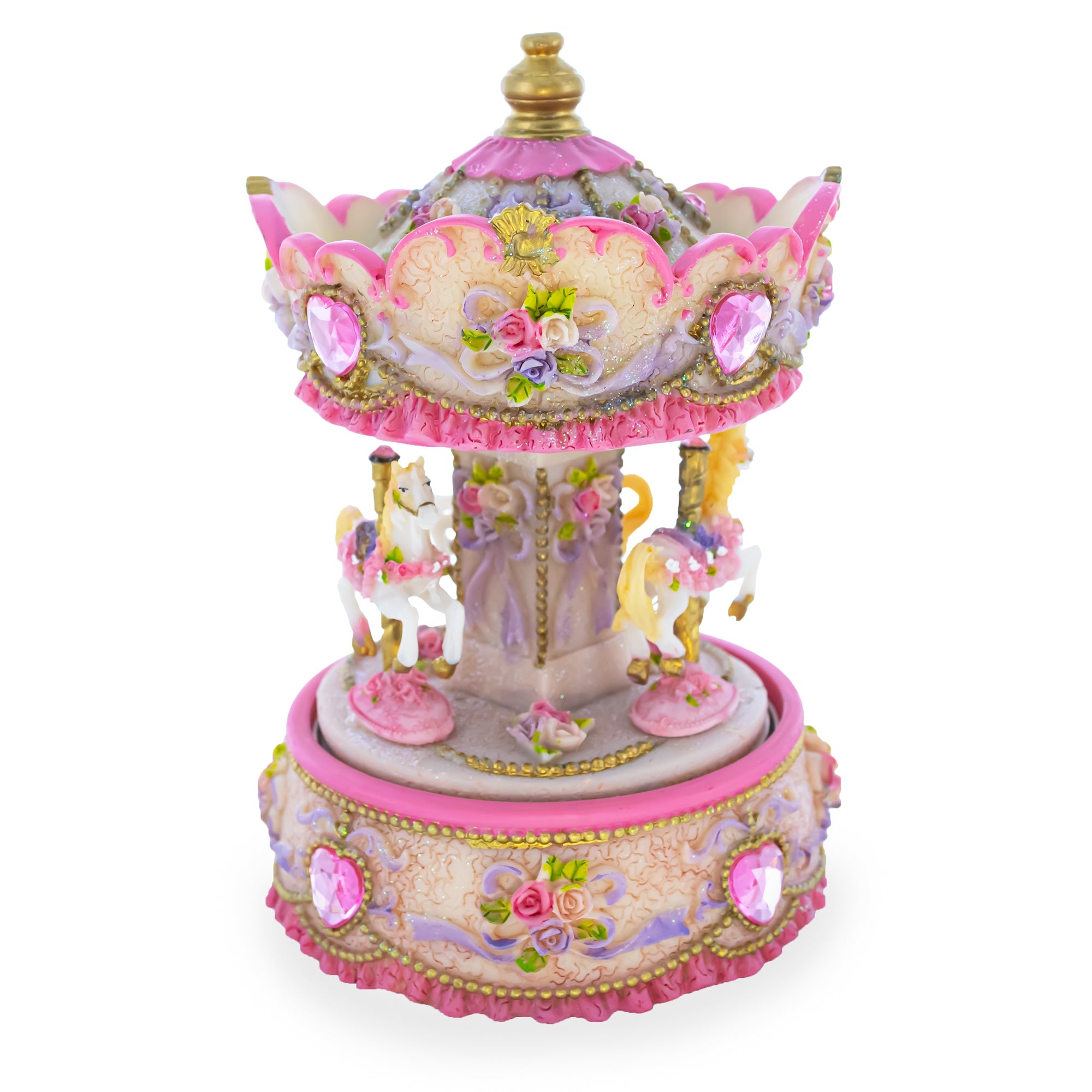 Floral Carousel Harmony: Spinning Musical Figurine With Three Horses