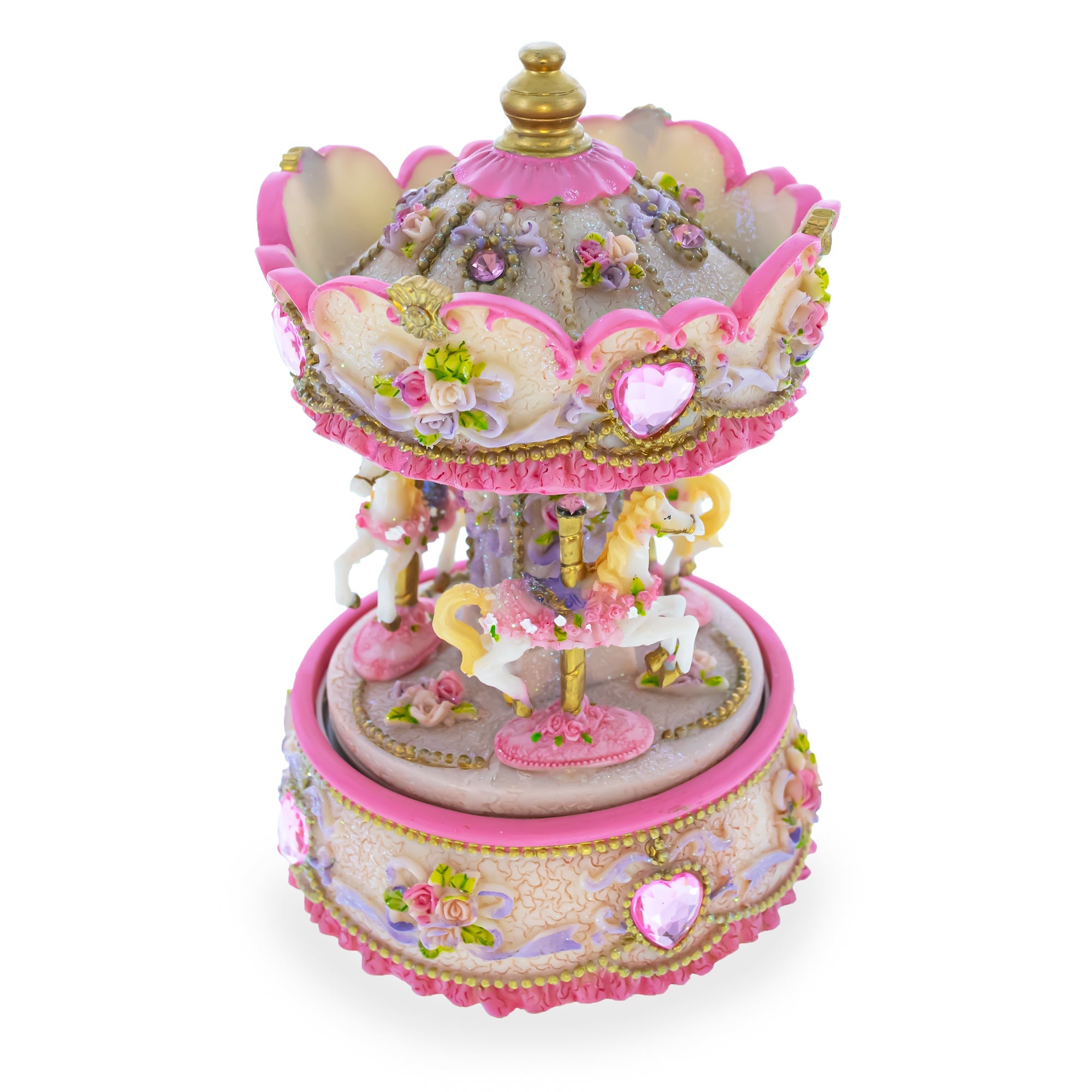 Floral Carousel Harmony: Spinning Musical Figurine With Three Horses